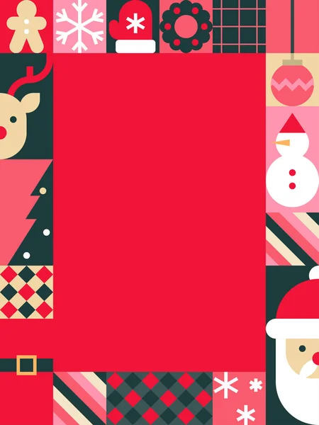 Noel Baba, Ren Geyiği, Kardan Adam ve Retro Geometrik Biçimli Tatil Simgeleriyle Şenlikli Kırmızı Noel Çerçevesi