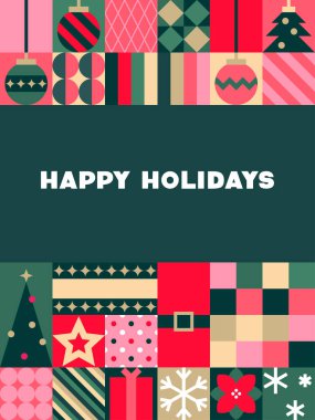 Noel Elementleri ve Mutlu Tatil Metin Vektörü İllüstrasyonlu Retro Geometrik Tatil Kartı Tasarımı