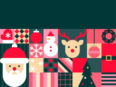 Koyu Yeşil Arkaplan Vektör İllüstrasyonlu Neşeli Geometrik Noel Şablonu