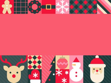 Retro Geometrik Simgeler ve Kırmızı Arkaplan Vektör İllüstrasyonlu Noel tebrik kartı
