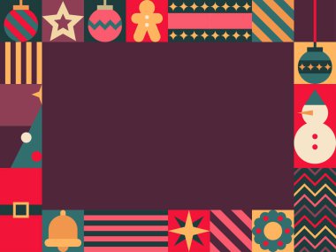 Koyu Kırmızı Merkez ve Neşeli Sınır Elementleri Vektör İllüstrasyonlu Noel Temalı Çerçeve