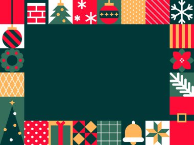 Koyu Yeşil Merkez ve Neşeli Sınır Elementleri Vektörü İllüstrasyonlu Noel Temalı Çerçeve