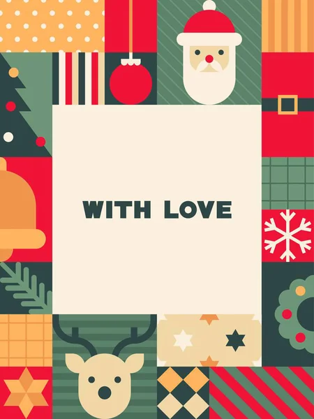 Festive Simgeli Noel tebrik kartı ve Düz Tasarım Biçimli Vektör İllüstrasyonunda 'Sevgiyle' Mesajı