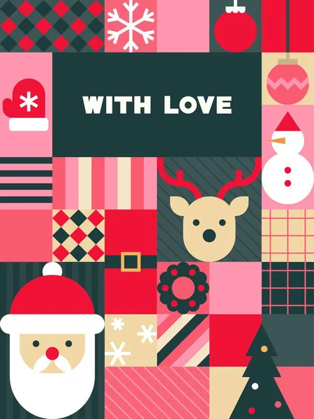 Noel Baba, Ren Geyiği, Kardan Adam ve Aşk Mesajı İllüstrasyonuyla Retro Noel Kartı