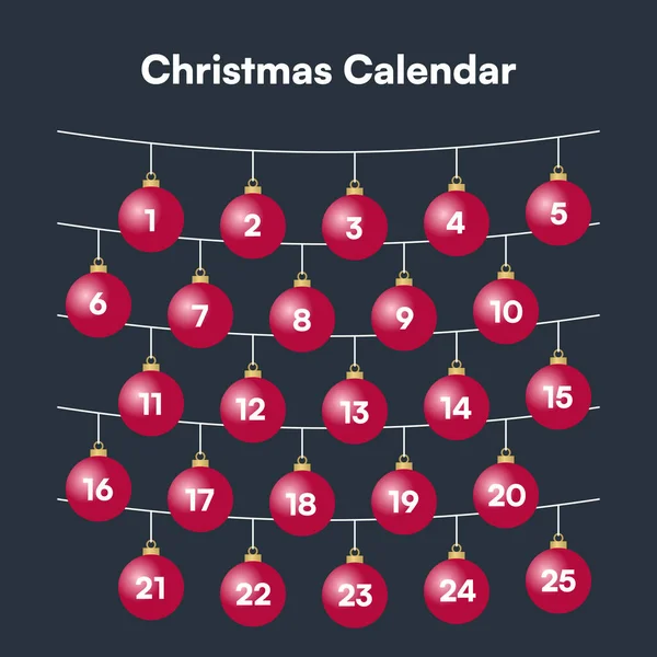 Kırmızı Baubles ve Numara Şablonu ile Minimalist Yazdırma Noel Advent Takvimi