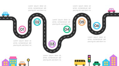 Beyaz Arkaplan Vektör İllüstrasyonunda Parlak İşaretler ve Arabalarla Dolu Yol Zaman Çizelgesi
