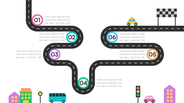 Renkli Milestone Yol Haritası Resimleri Arabalar, Trafik Işıkları ve Bitiş Çizgisi Simgeleri Vektör Resimleri