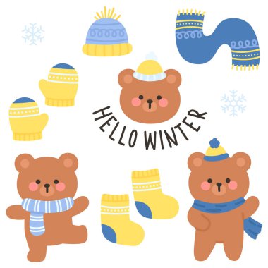 Hello Winter Bear Sticker Sheet with Knitted Hats and Scarves
