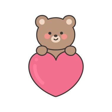 Cute Bear Sitting and Hugging a Pink Heart in Cartoon Styl Vector Illustration