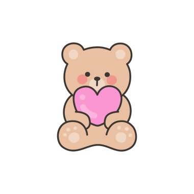 Bear Sitting and Holding a Pink Heart in a Cute Valentine Design Vector Illustration