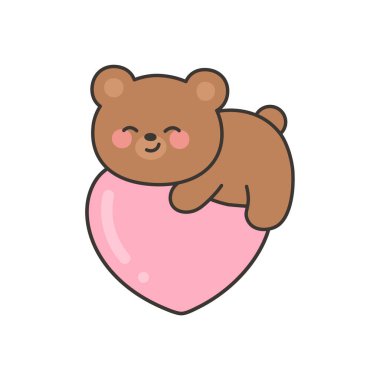 Bear Climbing and Resting on a Pink Heart in Sweet Valentine Art Vector Illustration