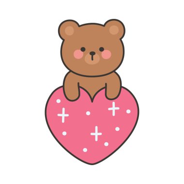 Bear Popping Up on a Sparkling Pink Heart in Adorable Cartoon Style Vector Illustration