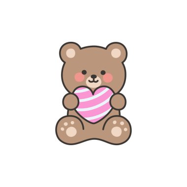 Bear Sitting and Holding a Striped Pink Heart in Valentine Artwork Vector Illustration
