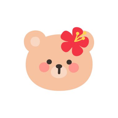 Korean Style Bear Head Cartoon with Red Hibiscus Flower Accessory Vector Illustration