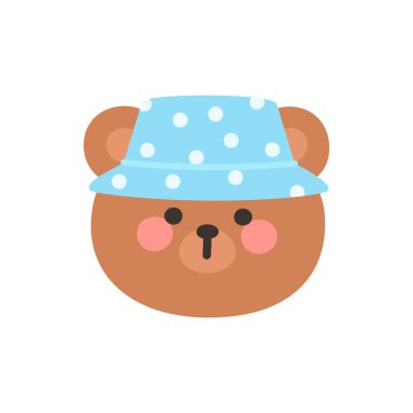 Korean Style Bear Head Cartoon with Blue Polka Dot Bucket Hat Vector Illustration