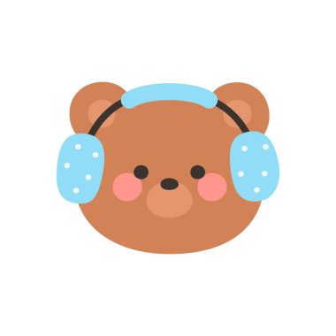 Korean Style Bear Head Cartoon with Blue Polka Dot Earmuffs Vector Illustration