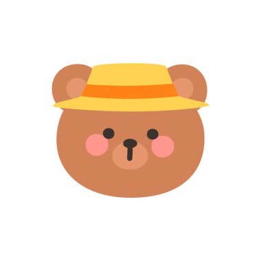 Korean Style Bear Head Cartoon with Yellow Straw Hat Vector Illustration