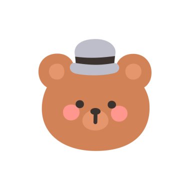 Korean Style Bear Head Cartoon with Gray Cloche Hat Vector Illustration