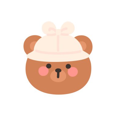Korean Style Bear Head Cartoon with Beige Bow Hat Vector Illustration
