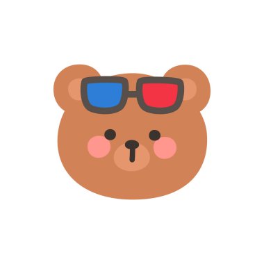 Korean Style Bear Head Cartoon with Red and Blue 3D Glasses Vector Illustration