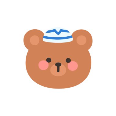 Korean Style Bear Head Cartoon with Blue Kippah Hat Vector Illustration