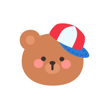 Korean Style Bear Head Cartoon with Red and Blue Baseball Cap Vector Illustration