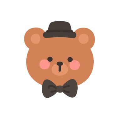 Korean Style Bear Head Cartoon with Black Bowler Hat and Black Bow Tie Vector Illustration