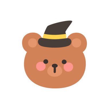 Korean Style Bear Head Cartoon with Black Witch Hat Vector Illustration