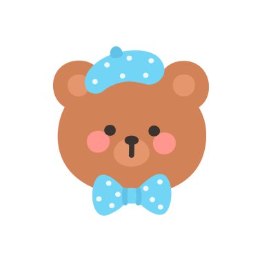 Korean Style Bear Head Cartoon with Blue Polka Dot Beret Hat and Bow Tie Vector Illustration