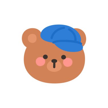 Korean Style Bear Head Cartoon with Blue Newsboy Cap Vector Illustration