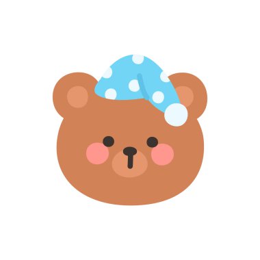 Korean Style Bear Head Cartoon with Blue Polka Dot Sleeping Hat Vector Illustration