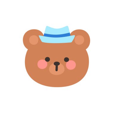 Korean Style Bear Head Cartoon with Blue Fedora Hat Vector Illustration