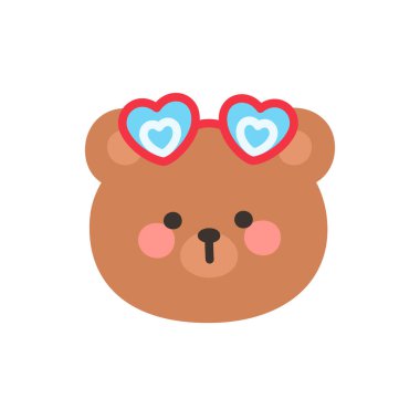 Korean Style Bear Head Cartoon with Heart-Shaped Sunglasses Vector Illustration