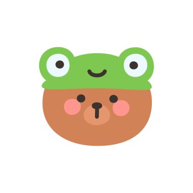 Korean Style Bear Head Cartoon with Frog Hat Vector Illustration