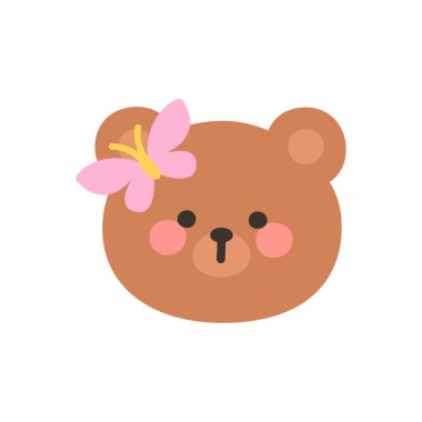 Korean Style Bear Head Cartoon with Pink Butterfly Hair Pin Vector Illustration
