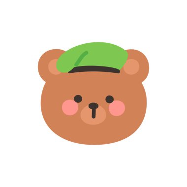 Korean Style Bear Head Cartoon with Green Military Beret Vector Illustration