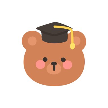 Korean Style Bear Head Cartoon with Black Graduation Cap Vector Illustration