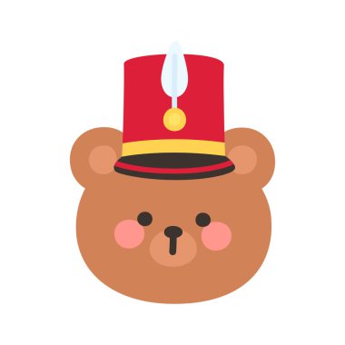 Korean Style Bear Head Cartoon with Red and Gold Nutcracker Hat Vector Illustration