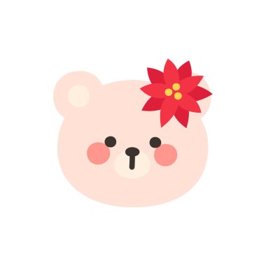 Korean Style Bear Head Cartoon with Red Poinsettia Flower Hat Vector Illustration