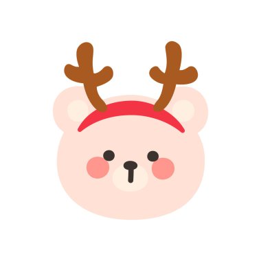 Korean Style Bear Head Cartoon with Reindeer Antler Headband Vector Illustration
