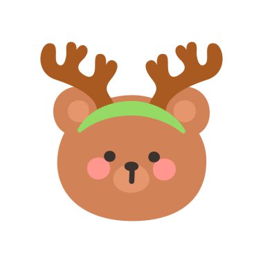 Korean Style Bear Head Cartoon with Reindeer Antler Headband Vector Illustration