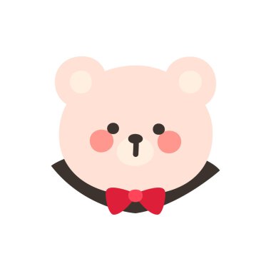 Korean Style Bear Head Cartoon with Red Bowtie and Vampire Fangs Vector Illustration