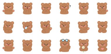 Adorable Korean Style Bear Emoji Set with Cute Expressions and Fun Gestures Vector Illustration