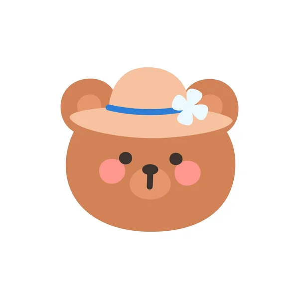 Korean Style Bear Head Cartoon with Beige Straw Hat and Blue Ribbon Vector Illustration