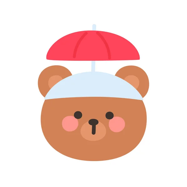 Korean Style Bear Cartoon with Red Umbrella Hat Vector Illustration
