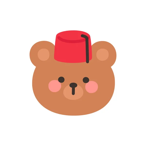 Korean Style Bear Head Cartoon with Red Fez Hat Vector Illustration