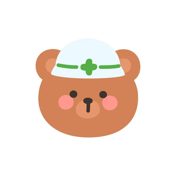 Korean Style Bear Head Cartoon with Medical Cap and Green Cross Vector Illustration
