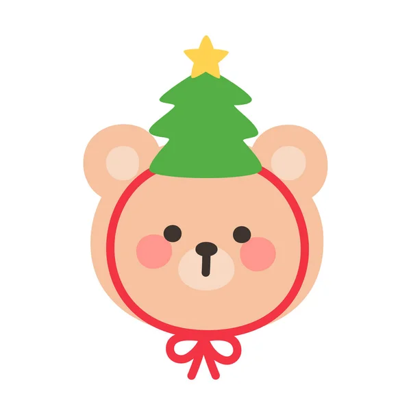 Korean Style Bear Head Cartoon with Christmas Tree Hat Vector Illustration