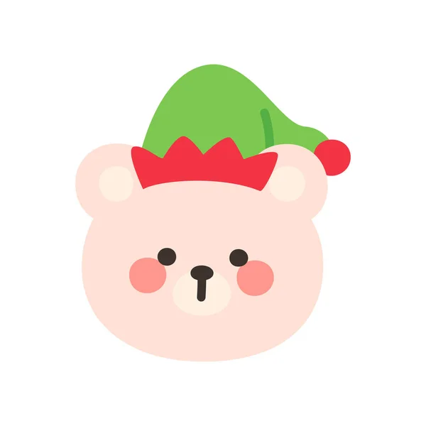 Korean Style Bear Head Cartoon with Green Elf Hat Vector Illustration