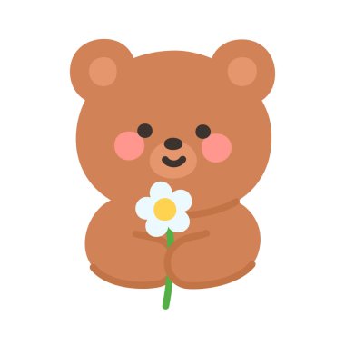 Korean Style Bear Emoji Holding White Daisy Flower in Hand Vector Illustration